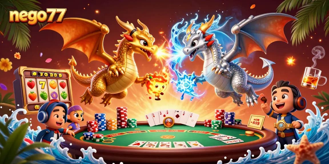 Nego77 offers thrilling jackpot experiences with golden and silver dragons amidst vibrant slot game action.