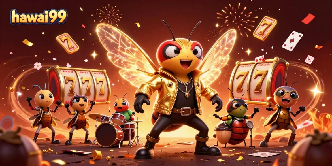 Join the excitement at hawai99 with vibrant casino characters celebrating with flying slot reels.
