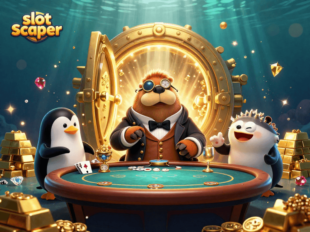 Experience thrilling slot scatter action with our 3D underwater casino scene featuring unique characters and treasures.