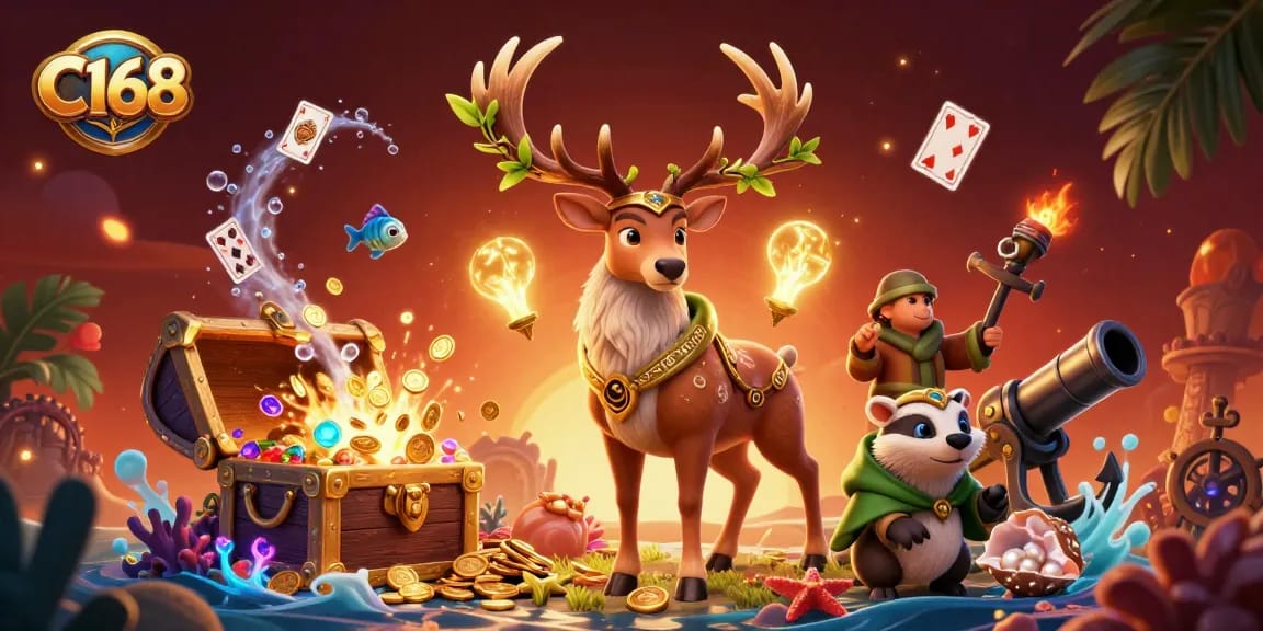 C168 features a vibrant 3D casino illustration, showcasing a druid stag, wise badger, and dynamic gaming elements.