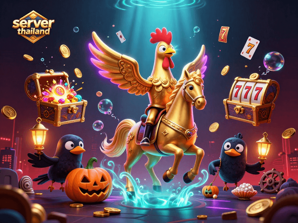 Experience thrilling wins at server thailand with a golden rooster headless horseman in a lavish casino scene.