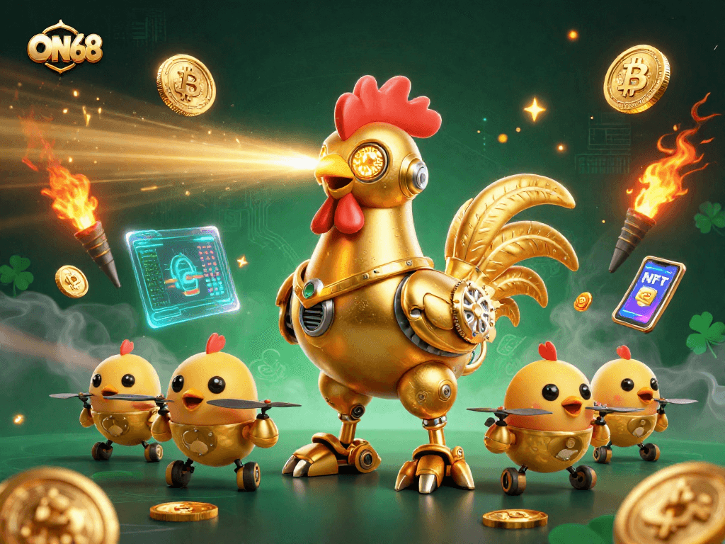Experience the excitement at ON68 with a dynamic scene featuring a golden rooster robot and baby chick drones amidst vibrant casino elements.