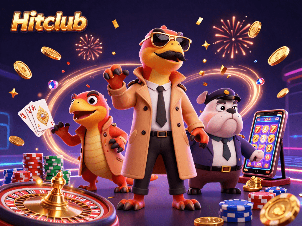 Bet big with Hitclub: 3D cartoon raptors sneak into a VIP casino lounge.