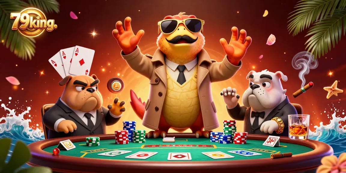 Engage with 79king. as cartoon raptors play poker in a vibrant, colorful casino scene.