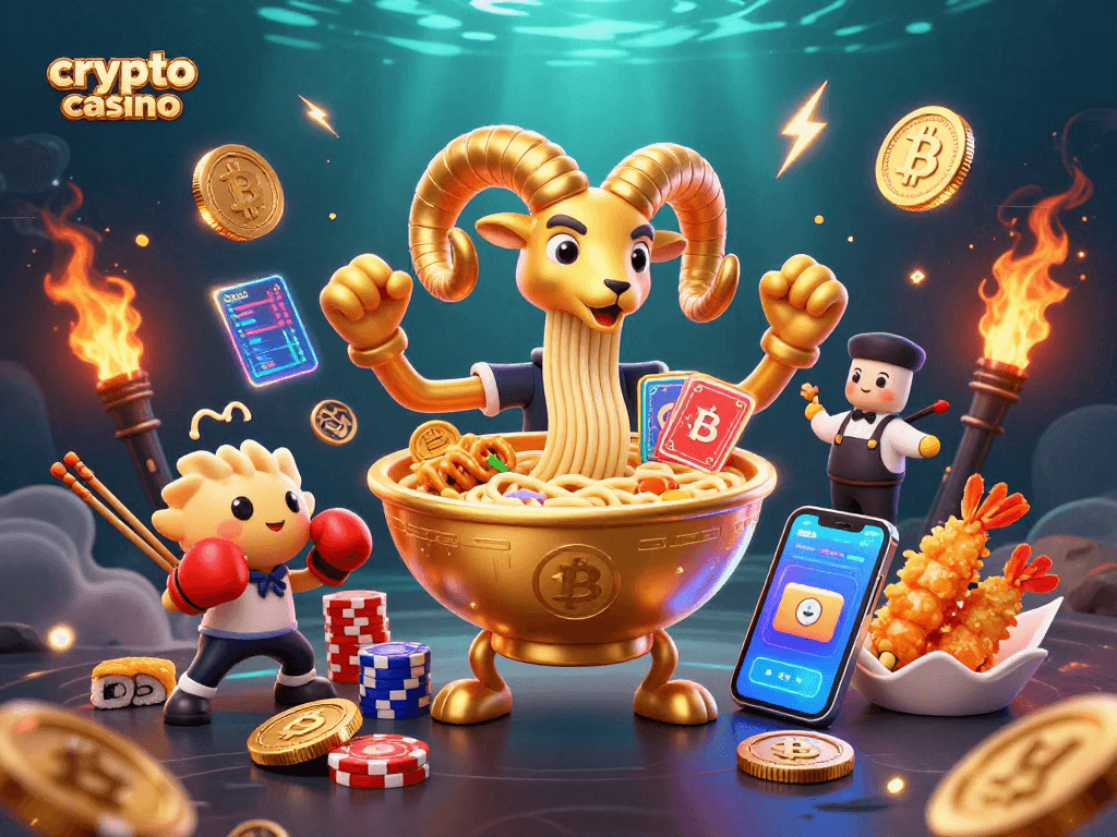 Engage in a vibrant crypto casino scene with a giant golden ramen bowl character and energetic elements.