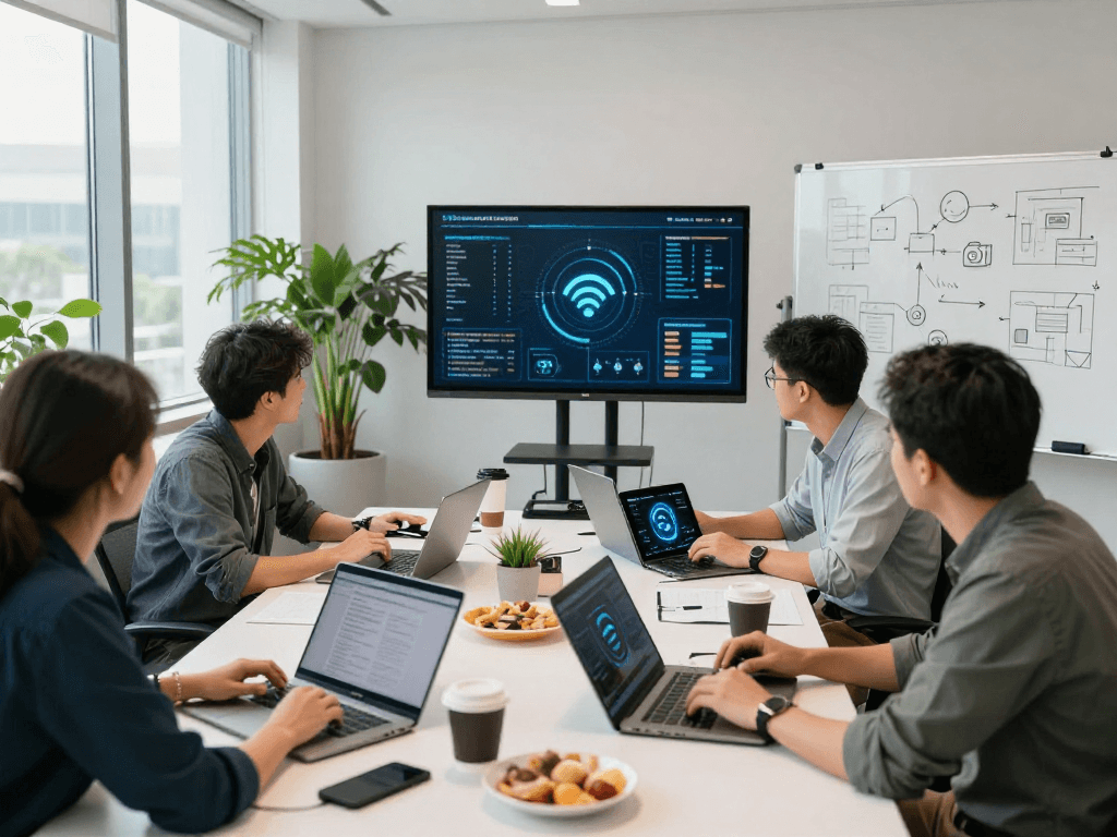 Kantor modern dengan wifi4d, profesional berdiskusi tentang teknologi tanpa kabel.