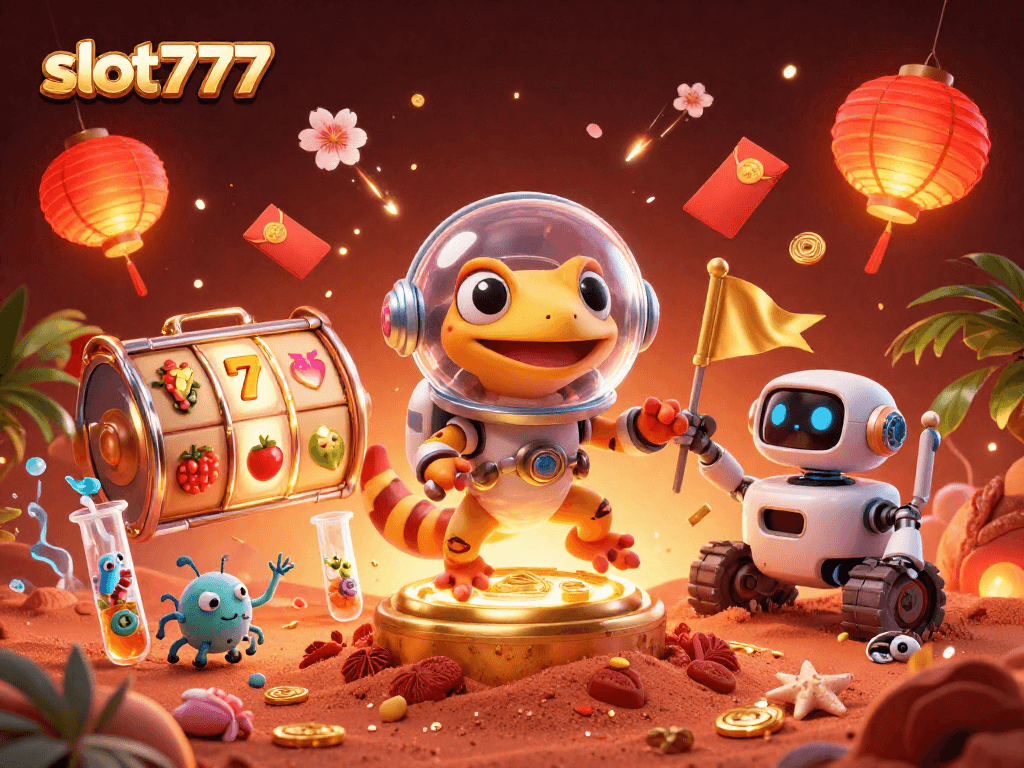 Permainan slot777 yang menggembirakan dengan simbol keberuntungan dan kasino emas di Mars.