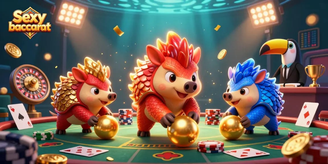 Engage with Sexy baccarat in this vibrant scene showcasing playful pangolins in a lively casino.