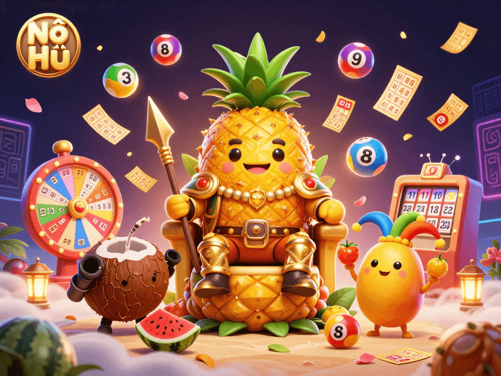 Nổ Hũ as the golden pineapple king leads a vibrant beach casino with a watermelon cannon and coconut guards.