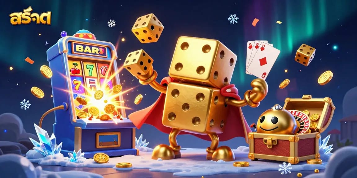 Experience the vibrant world of สล็อต with dynamic 3D casino elements, golden dice, and jackpot thrills.
