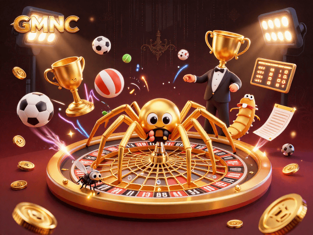 Place bets with GMNC in this vibrant 3D illustration of a casino scene.