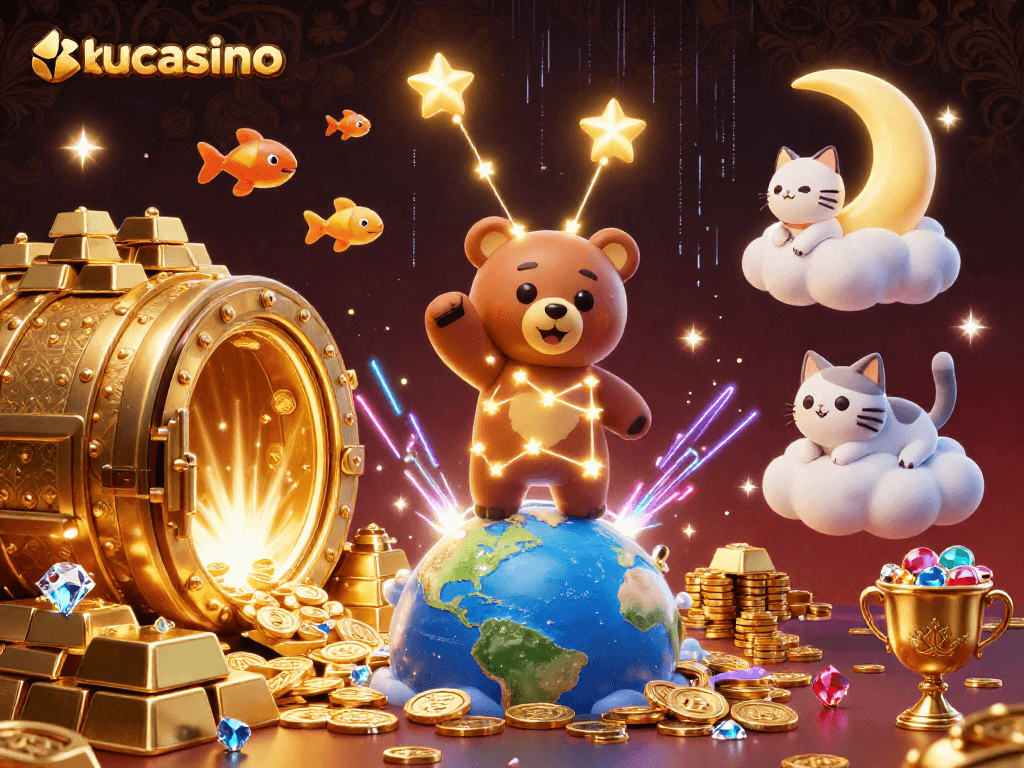 Experience the allure of kucasino as a constellation bear gathers coins amid vibrant casino treasures.