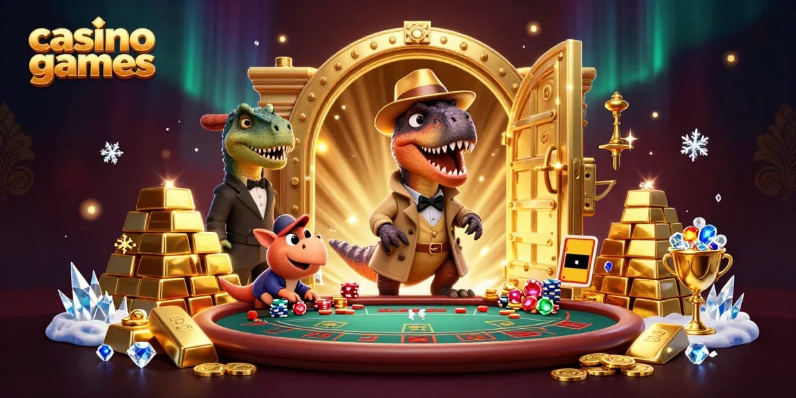 Engage in casino games with a velociraptor card counter and stegosaurus pit boss in a vibrant illustration.