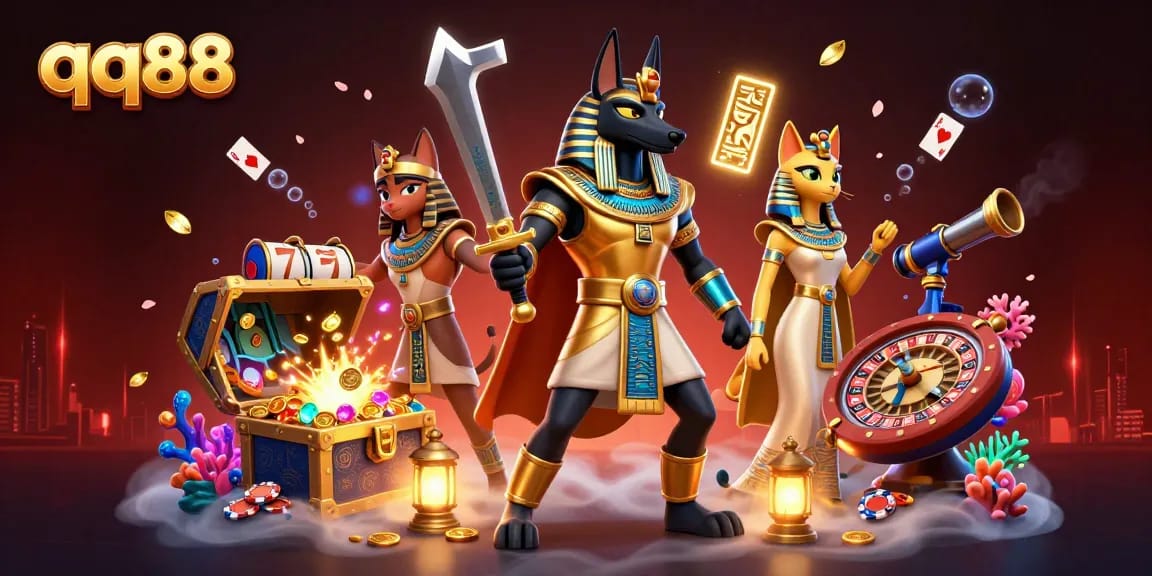 Experience thrilling gameplay at qq88 with Anubis and Bastet amidst a vibrant casino scene.
