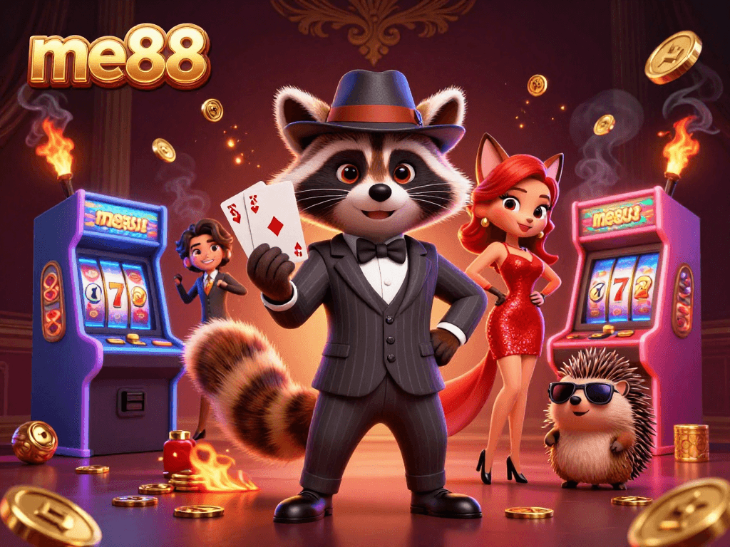 Experience thrilling wins at me88 with a suave raccoon, a fox lady, and casino game excitement.