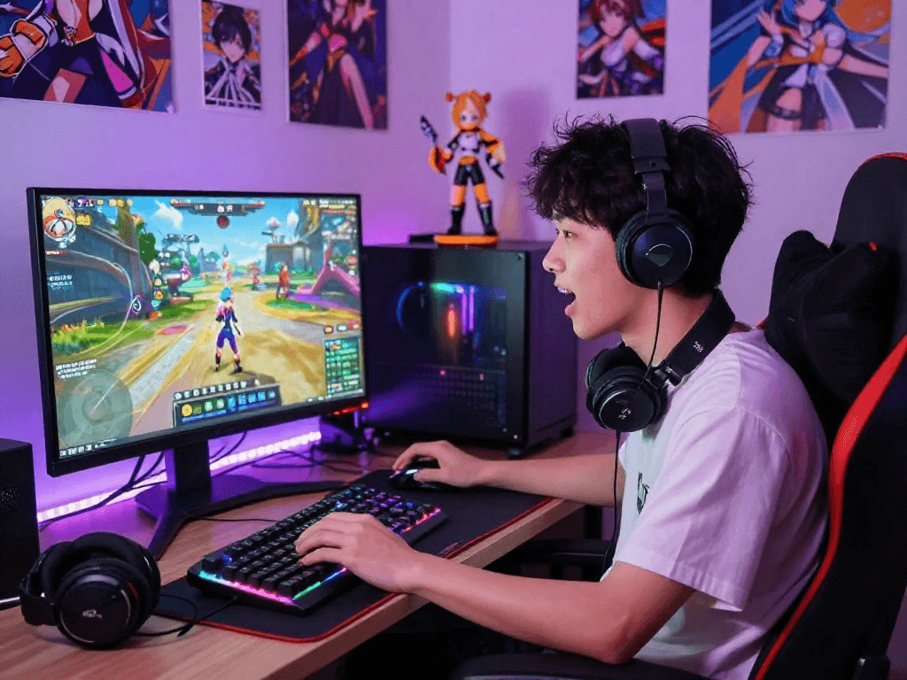 Excited gamer enjoying a hentai game in a colorful anime-themed room