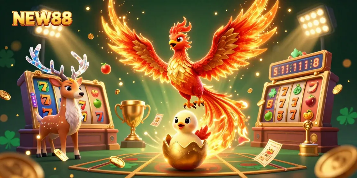Experience the excitement of NEW88 as the golden phoenix rises amidst dynamic slot game elements and golden coins.