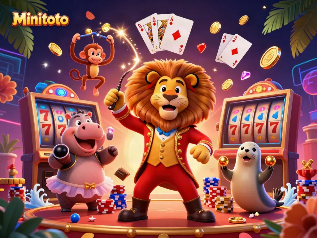 Gambarlah Minitoto, lilin sirkus mengelilingi slot reel dengan koin emas berkilauan.