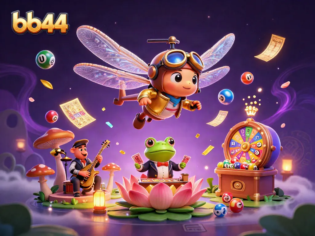 Experience bb44 excitement with a lively 3D casino scene featuring a dragonfly pilot and frog croupier.