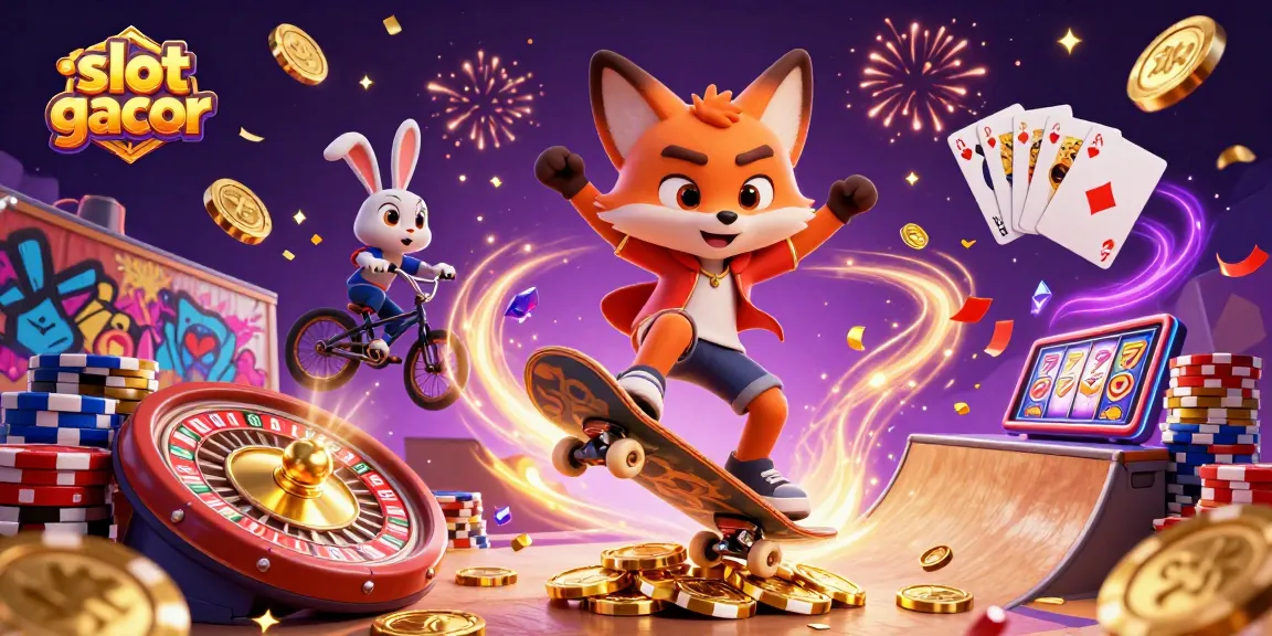 Experience the thrill of slot gacor with playful characters and dynamic casino elements in a vibrant 3D scene.