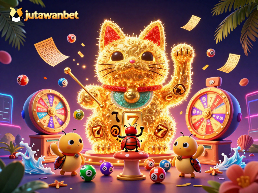 Experience the thrill with jutawanbet's vibrant 3D casino scene featuring a lucky cat!