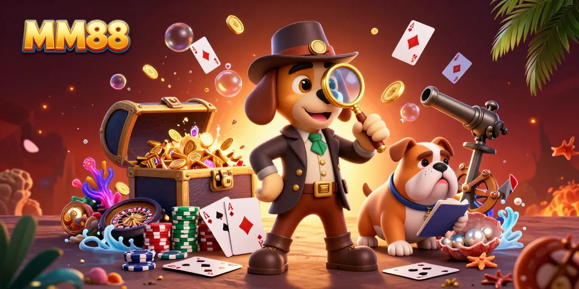 Join the adventure with MM88 as a detective and Watson uncover poker treasures in this vibrant casino scene.