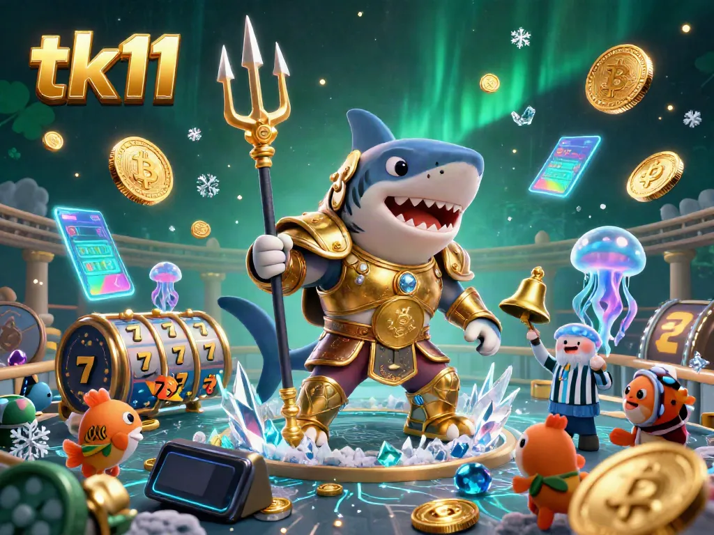Engage with the dynamic tk11 casino scene featuring a tiger shark and vibrant slot symbols.