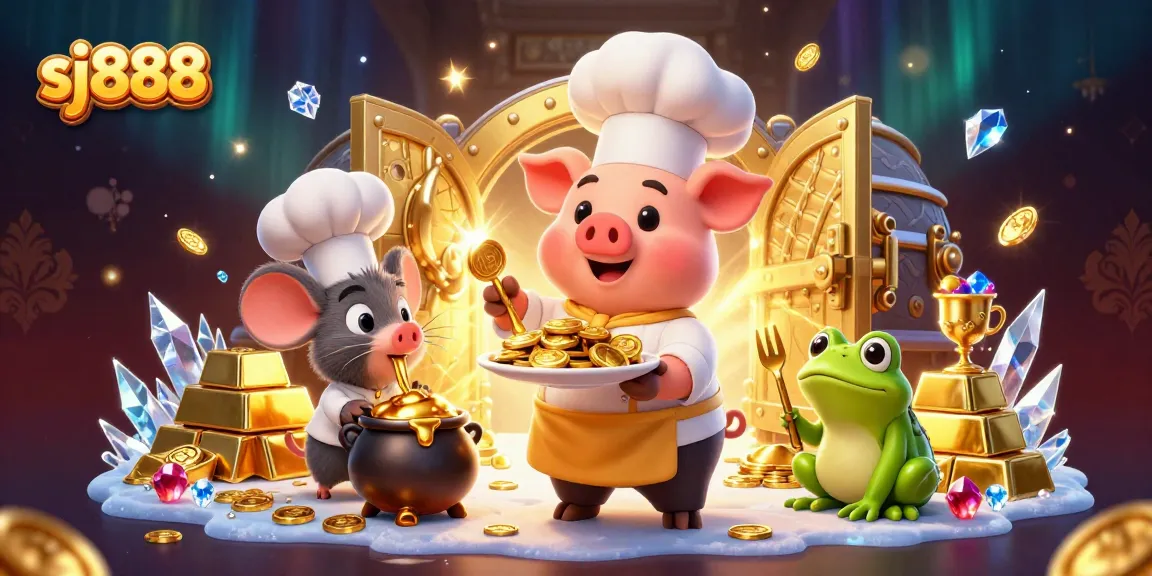 Sparkling sj888 casino scene with a chef pig serving gold coins amidst vibrant treasures