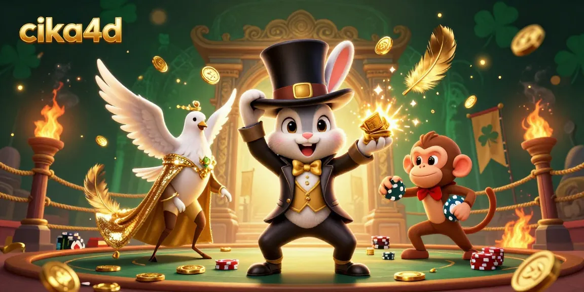 Engage in thrilling gameplay at cika4d with magical scenes featuring a magician rabbit, dove, and monkey in action!