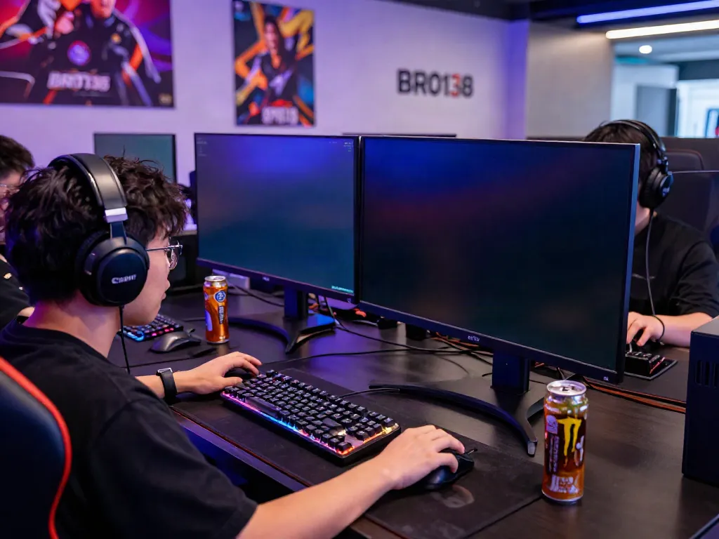 Competitive player immersed in BRO138 online gaming experience with vibrant LED lighting and gaming gear.