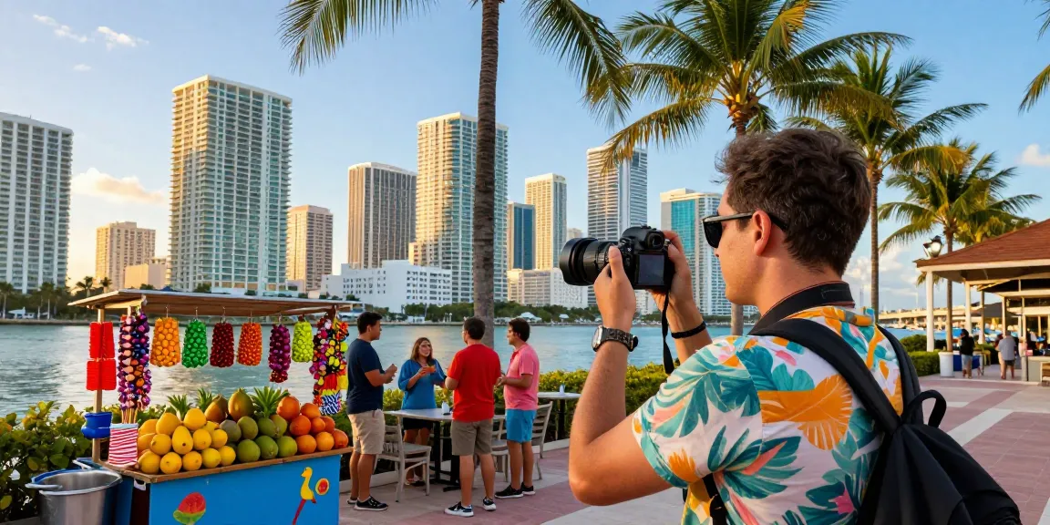 Wisatawan menjelajahi Miami, mendokumentasikan suasana kota dengan kamera, https://miami4d.com/ di latar belakang.