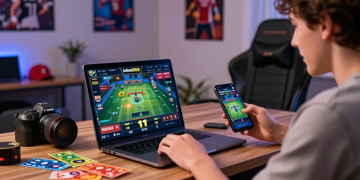 Engaged player using lotus365 on laptop and smartphone in a vibrant gaming environment, surrounded by betting tickets and sports memorabilia.