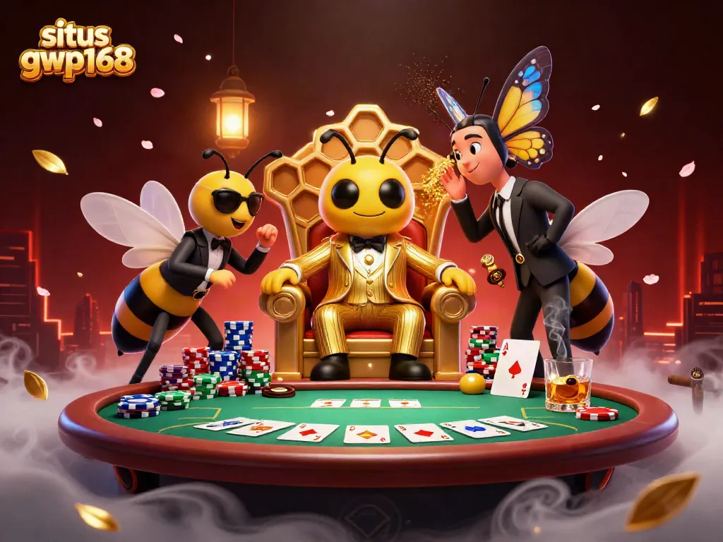 Menggugah situs gwp168 dengan karakter kasino 3D yang menampilkan mafia lebah dan elemen poker.