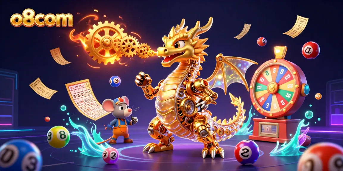 Experience the excitement of gaming with o8com in a dynamic 3D illustration featuring a golden dragon and vibrant lottery elements.
