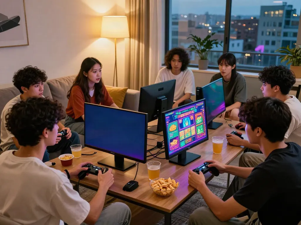 Friends enjoying akunjp gaming experience on large screen with snacks.