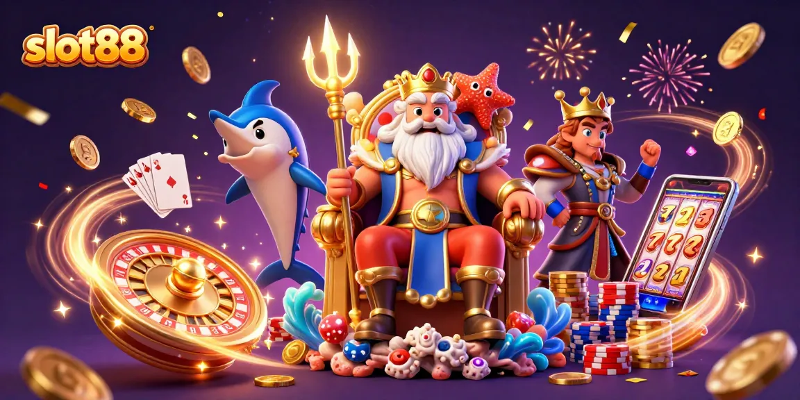 Experience excitement with slot88 as Neptune and his samurai guard amidst dazzling games and coins.