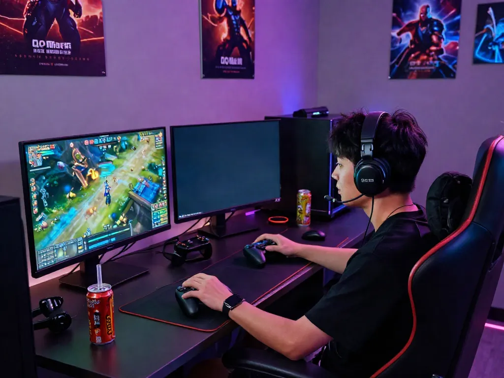 Engaged player using QQMacan platform for online gaming in a modern setup.