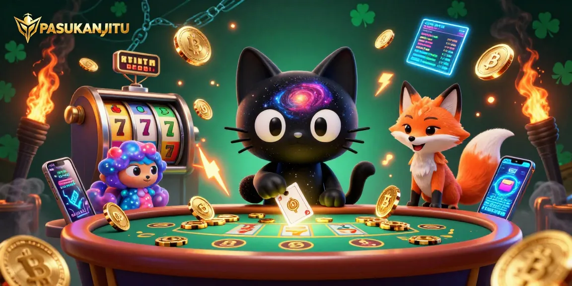 PASUKANJITU enhances gaming excitement with a cosmic black hole cat and vibrant fox, surrounded by dynamic casino elements.