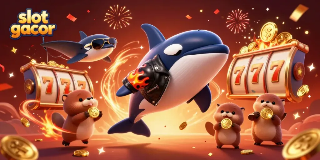 Permainan slot gacor saat jackpot, orca, mantaray, dan berang-berang menjaga koin emas.