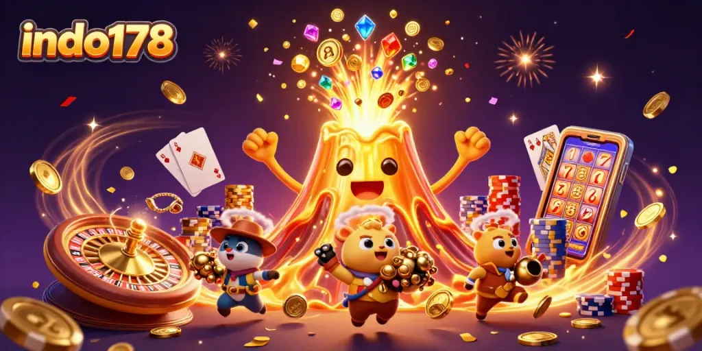 Experience the excitement of indo178 with a 3D volcano spilling treasures and games.