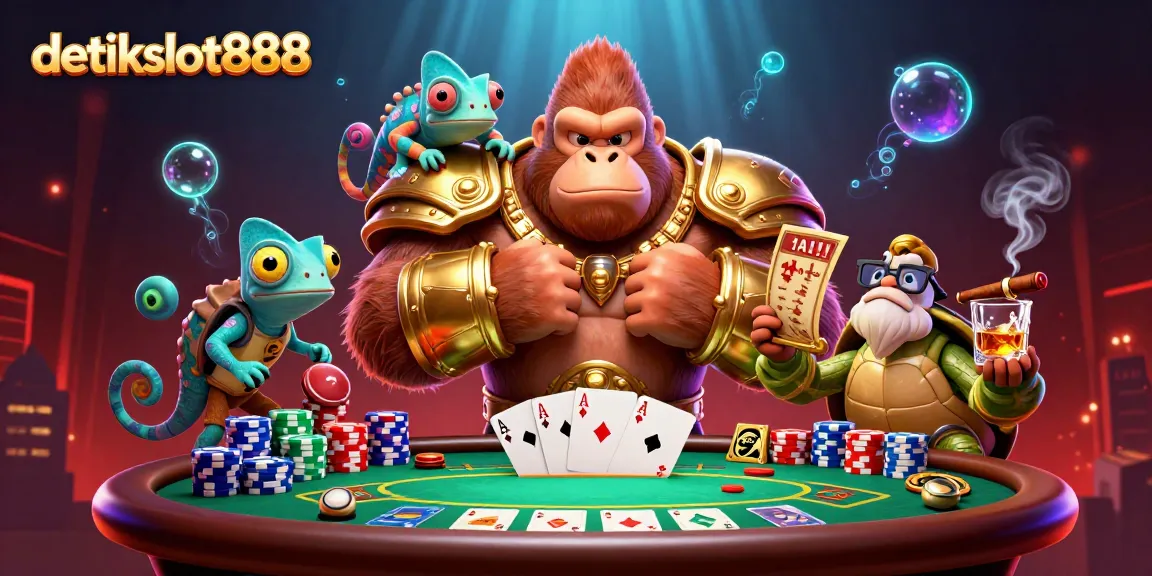 Experience thrilling gameplay at detikslot888 with a 3D illustration of a gorilla king and casino elements.