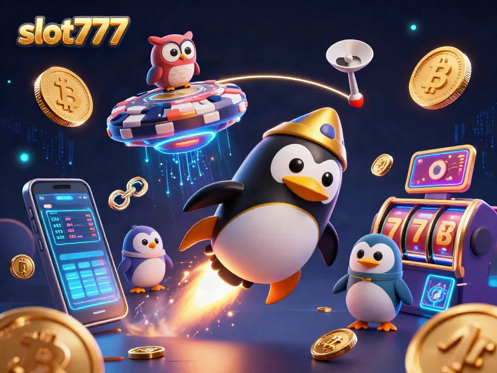 Slot777 menyajikan penguin emas bertenaga roket dalam ilustrasi kasino 3D yang menarik.