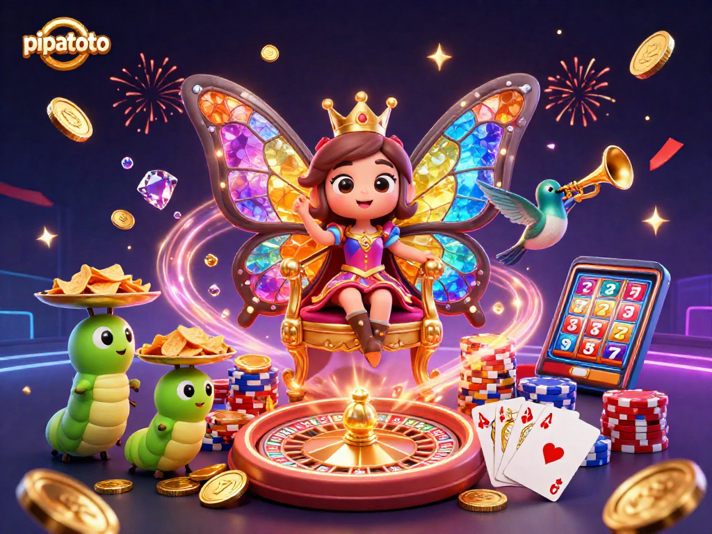 Pipatoto showcases a vibrant scene with a butterfly queen and slot elements, celebrating casino fun.