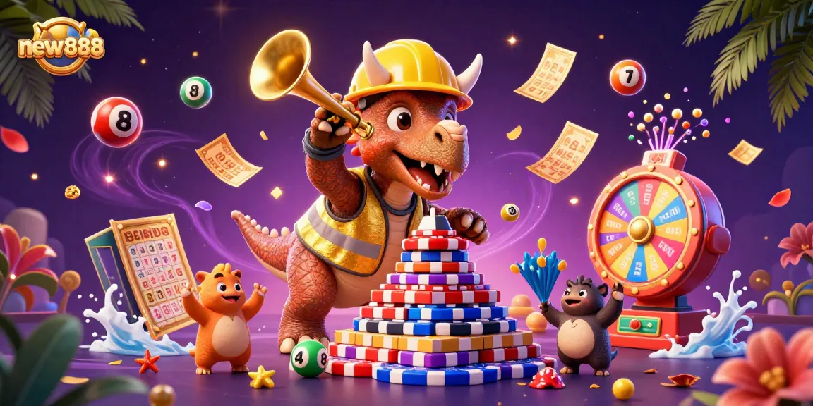 Witness the excitement of new888 with vibrant casino elements and adorable characters celebrating wins!