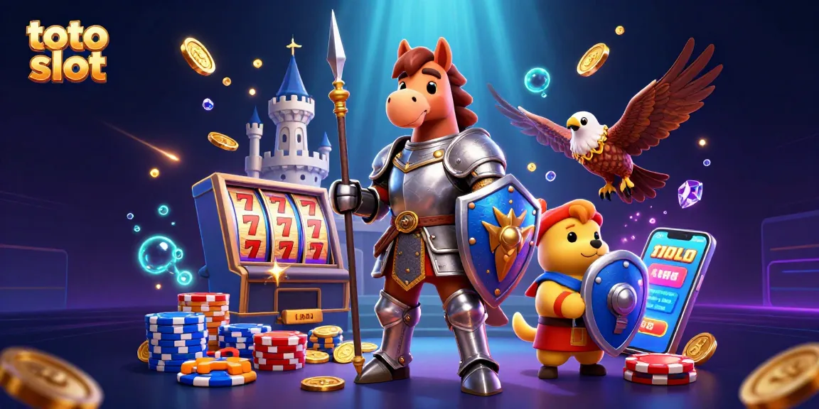 Spin the reels of the toto slot as golden coins cascade around a knight and puppy in an enchanting casino world.