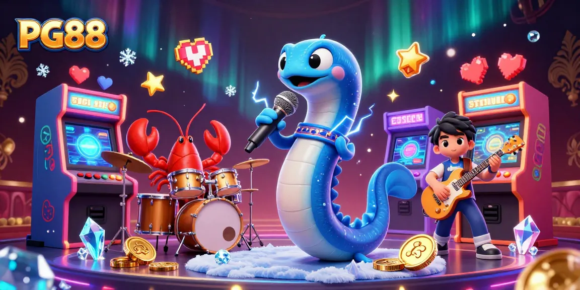 Engage with PG88's lively casino scene featuring an electric eel DJ amidst arcade games.