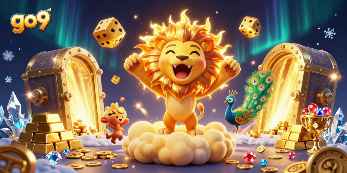 Celebrate winning strategies at go9 with a vibrant casino-themed 3D illustration showcasing golden treasures and dynamic game elements.