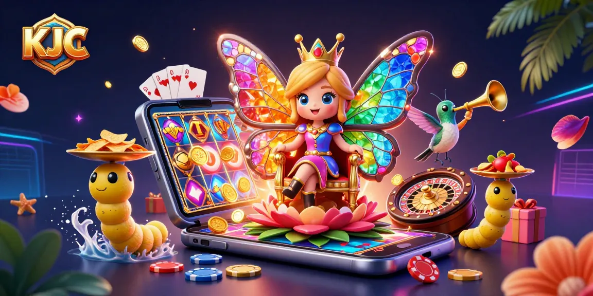 KJC brings excitement with a butterfly queen, slot games, and festive chips in a vibrant casino scene.