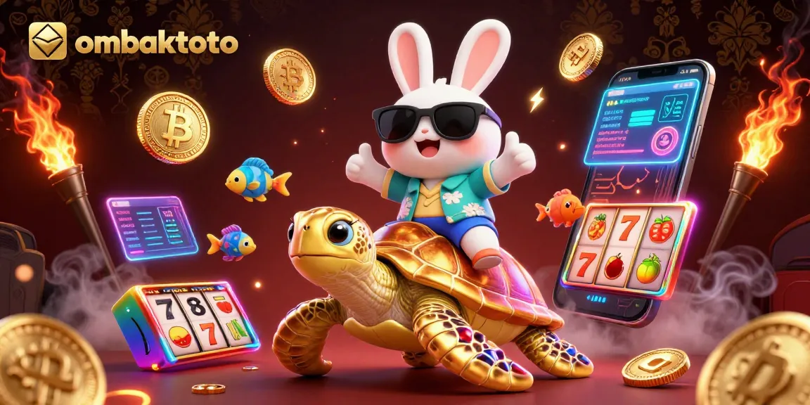 Play exciting slots with ombaktoto as adorable characters celebrate winnings surrounded by colorful casino elements.
