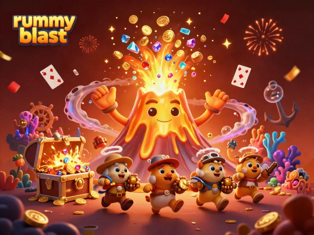 Experience rummy blast with an erupting volcano of treasures, vibrant gameplay, and dynamic elements.